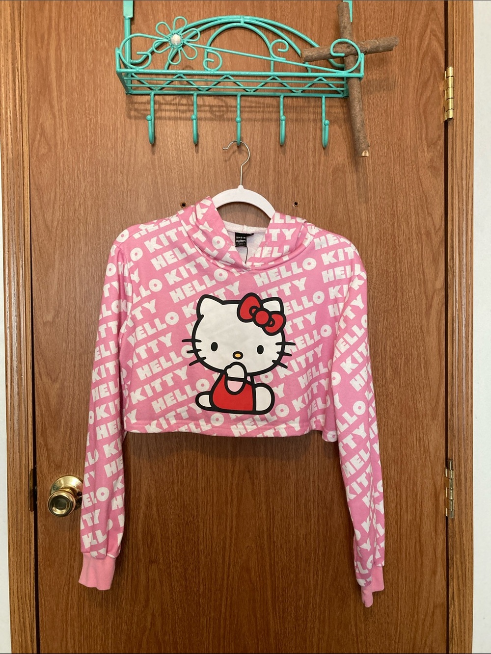 Hello Kitty Pink White Graphic Cropped Hoodie